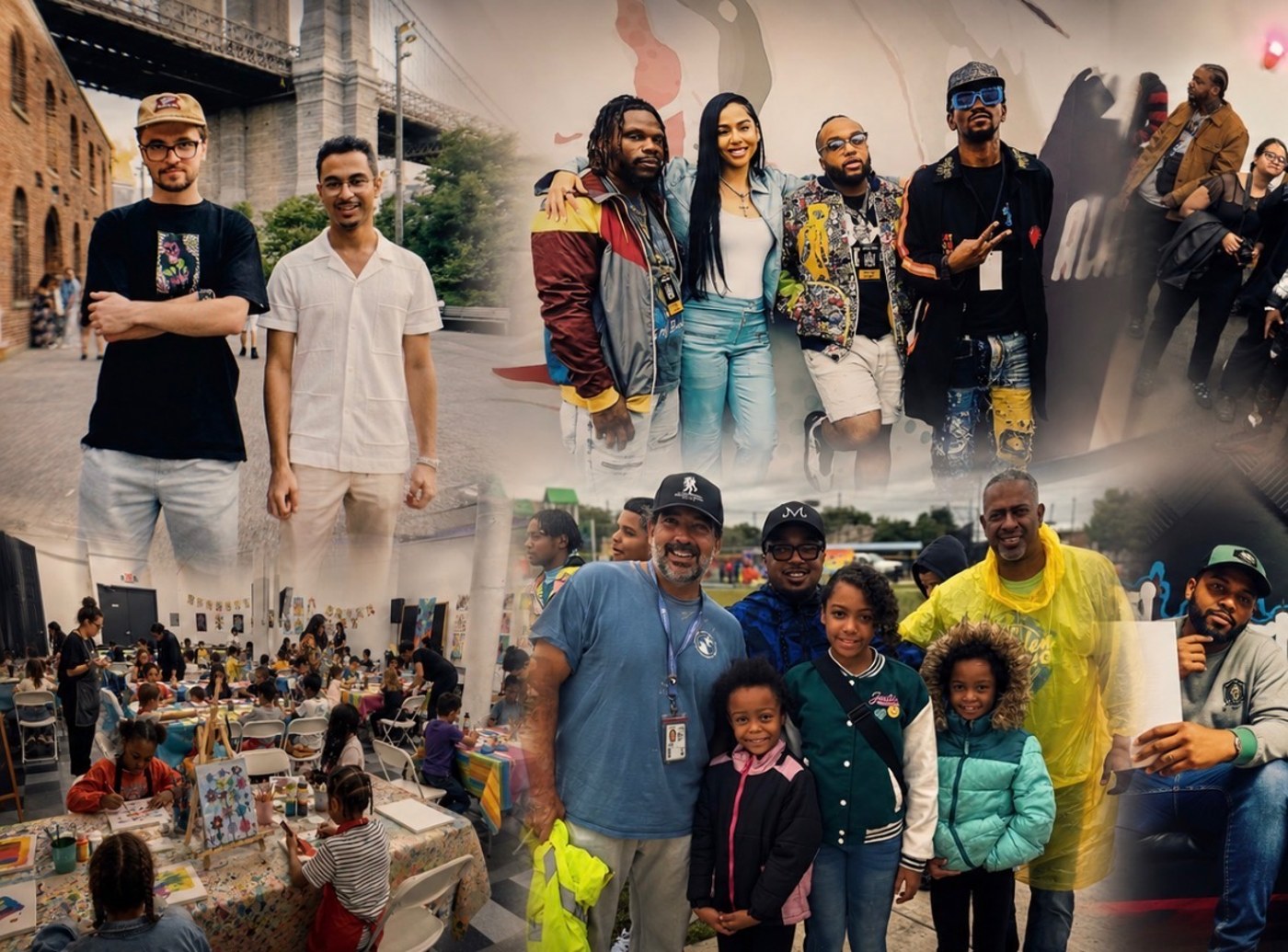 Collage of Luxary members under the Brooklyn Bridge, artists at a showcase, a youth art class and families at a community event