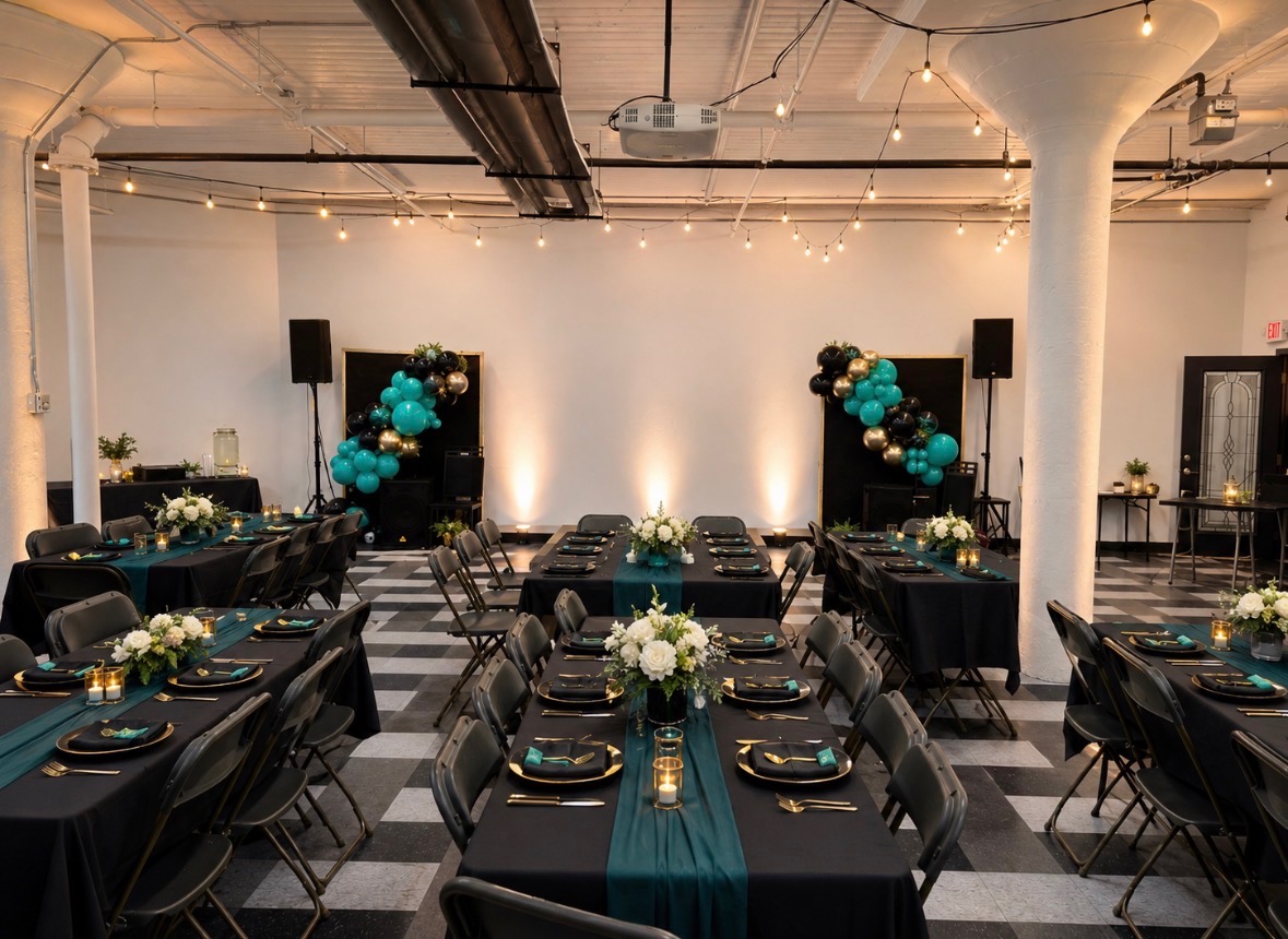 Event space set with black linens, teal runners, florals and balloon arches